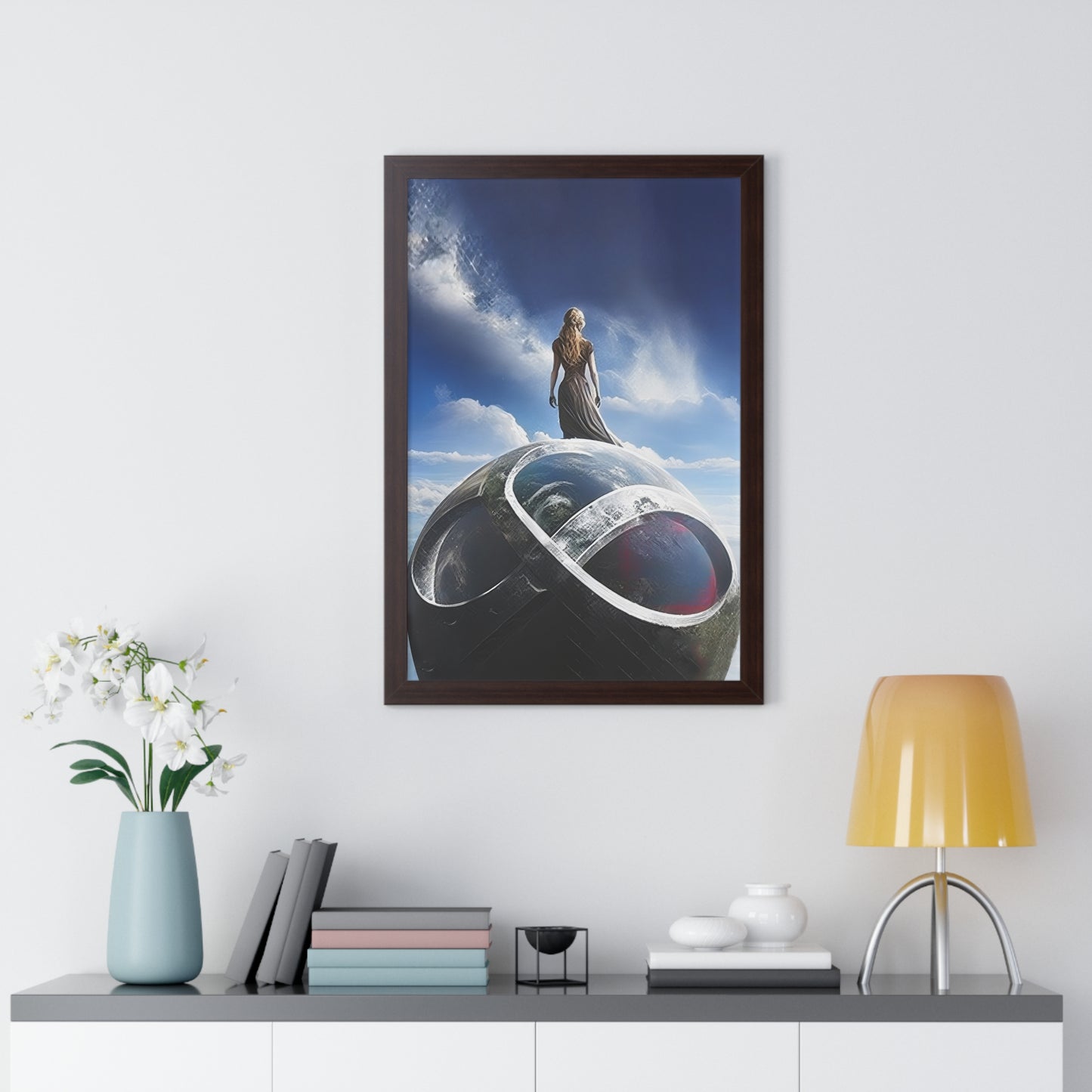 "Celestial sci-fi poster print with cosmic clouds and visionary aesthetics."