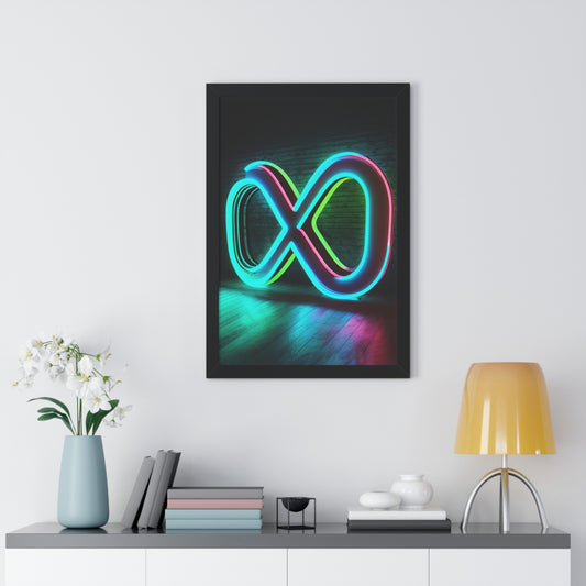 Electric Neon Infinity Dream framed poster featuring a cyberpunk infinity symbol with neon glow.