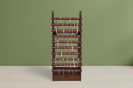 Luxury 10 level dark brown wooden retail bracelet and bangle organizer with intricate side engravings