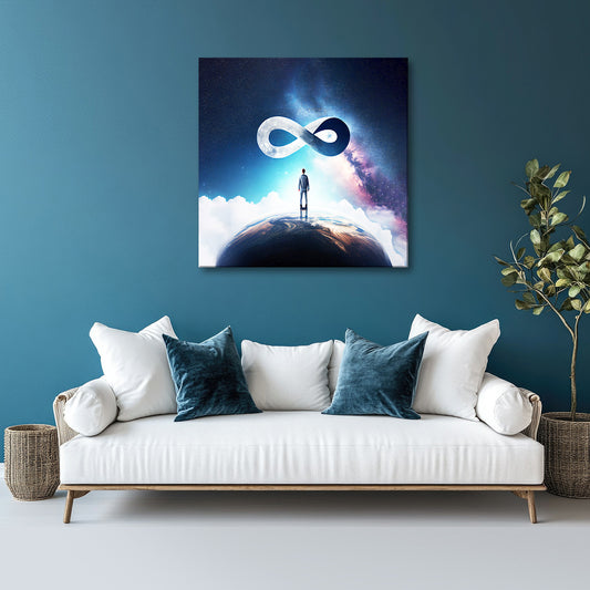 "Infinite Perspective cosmic canvas print featuring a lone figure standing on the edge of the Earth, gazing at a celestial infinity symbol made of moonlight and stars. This high-quality cosmic wall art embodies limitless potential, visionary thinking, and universal wisdom."