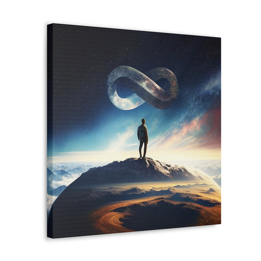 Surreal adventure artwork of a lone figure gazing at an infinite cosmic sky.