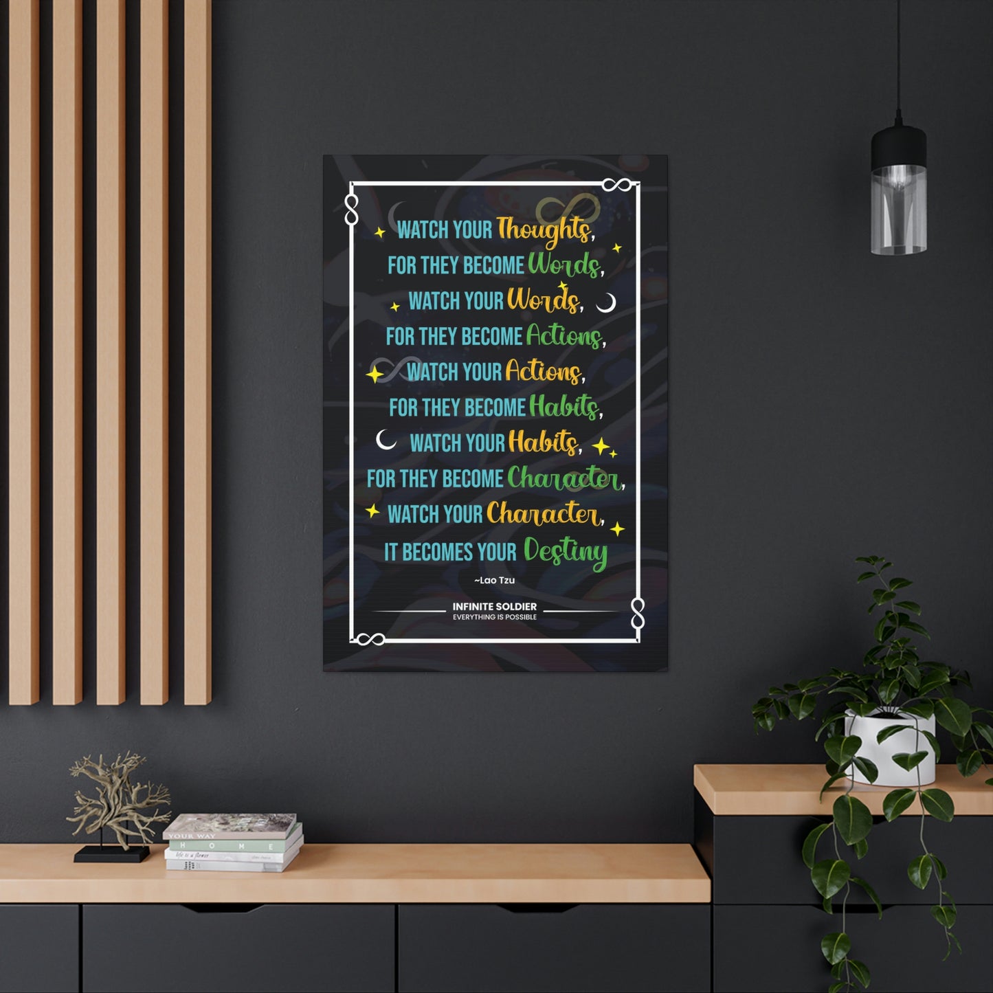 Inspirational Lao Tzu Quote on Black Canvas | Infinite Soldier