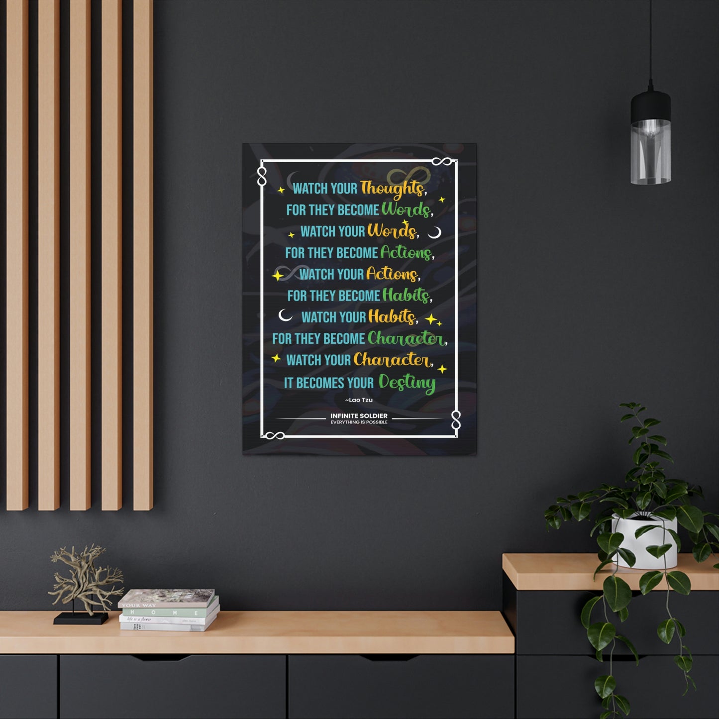 Inspirational Lao Tzu Quote on Black Canvas | Infinite Soldier