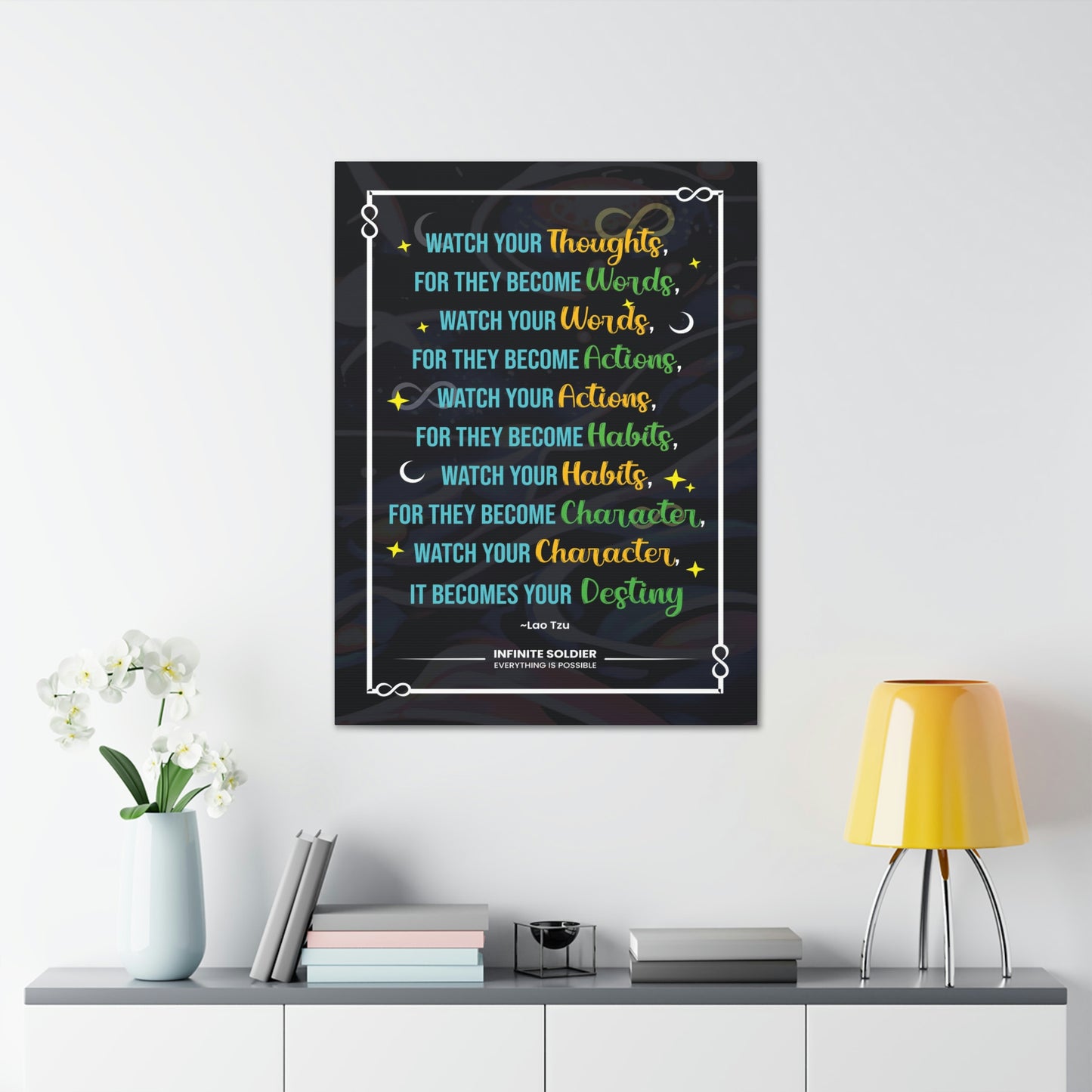Inspirational Lao Tzu Quote on Black Canvas | Infinite Soldier