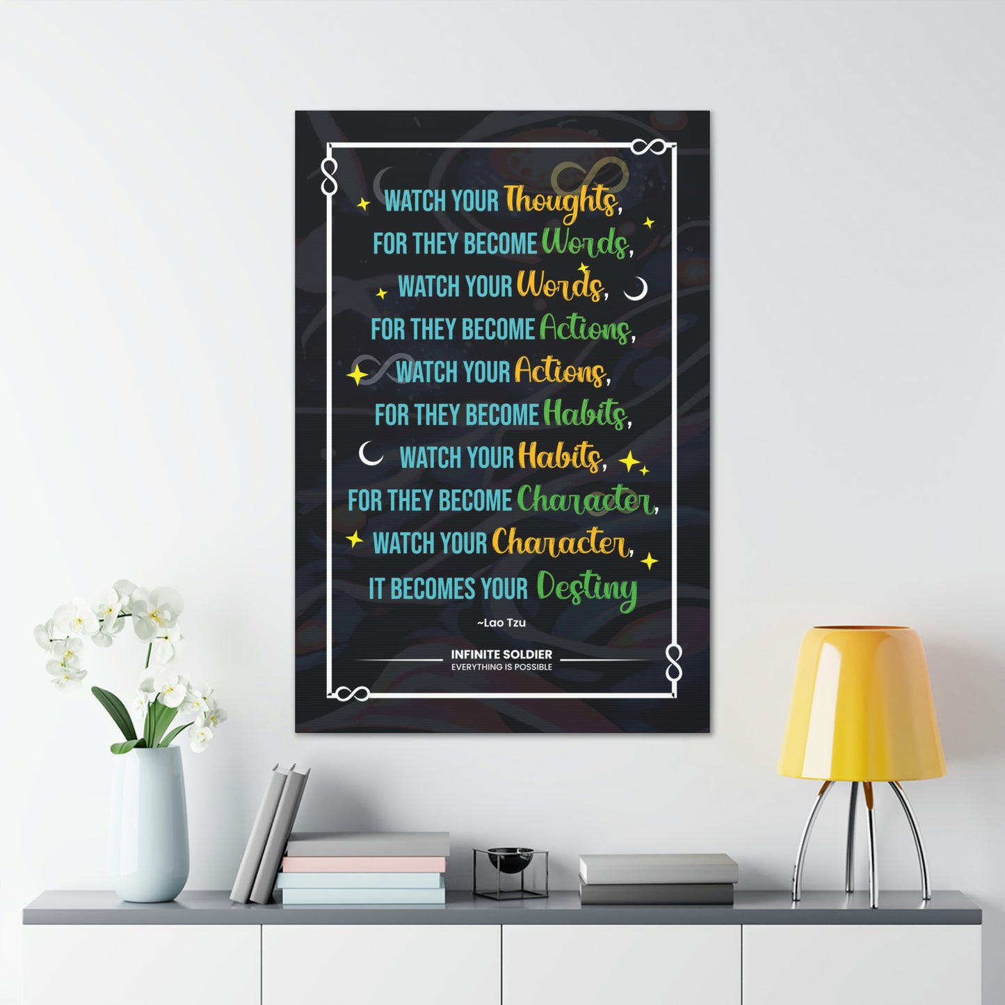 Inspirational Lao Tzu Quote on Black Canvas | Infinite Soldier