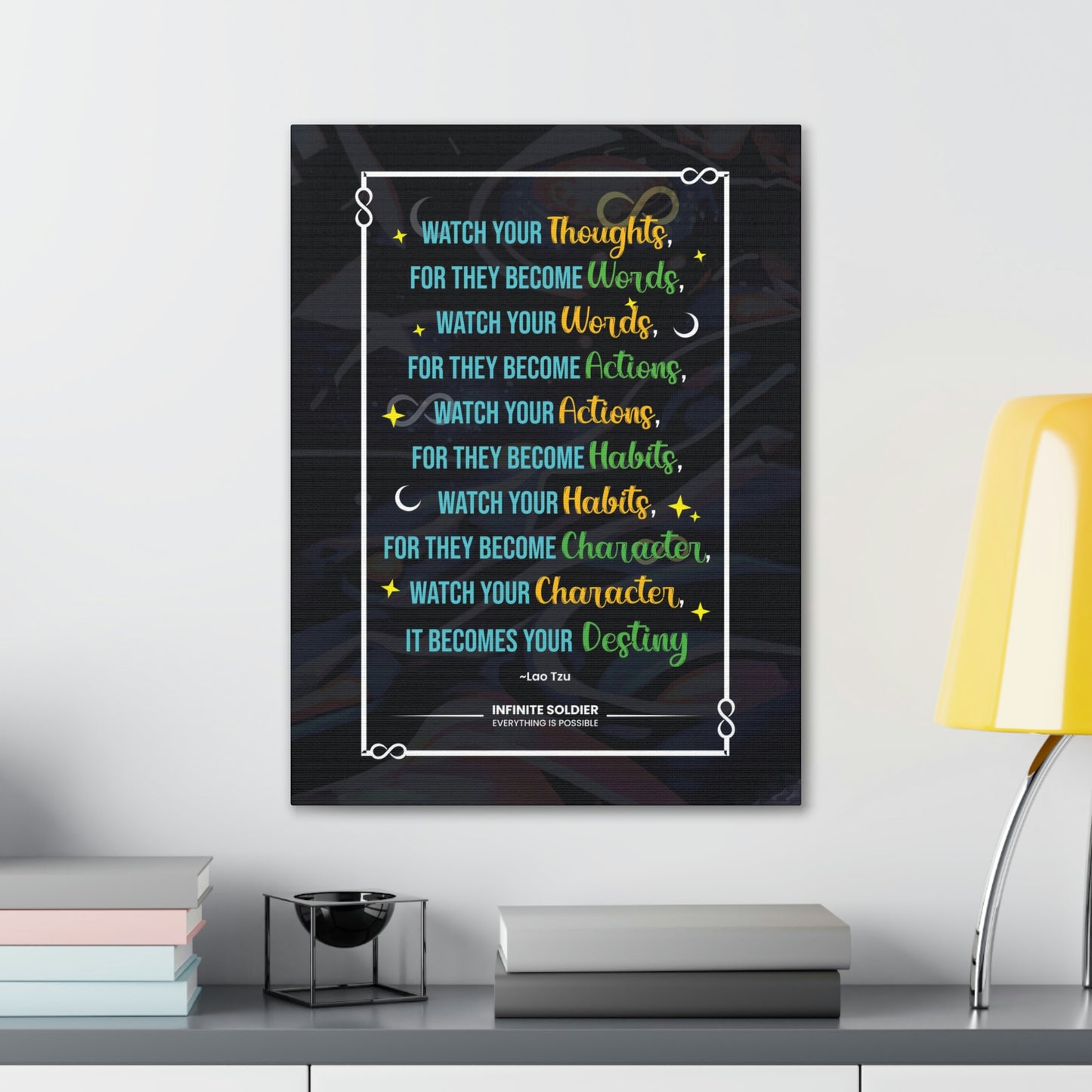 Inspirational Lao Tzu Quote on Black Canvas | Infinite Soldier