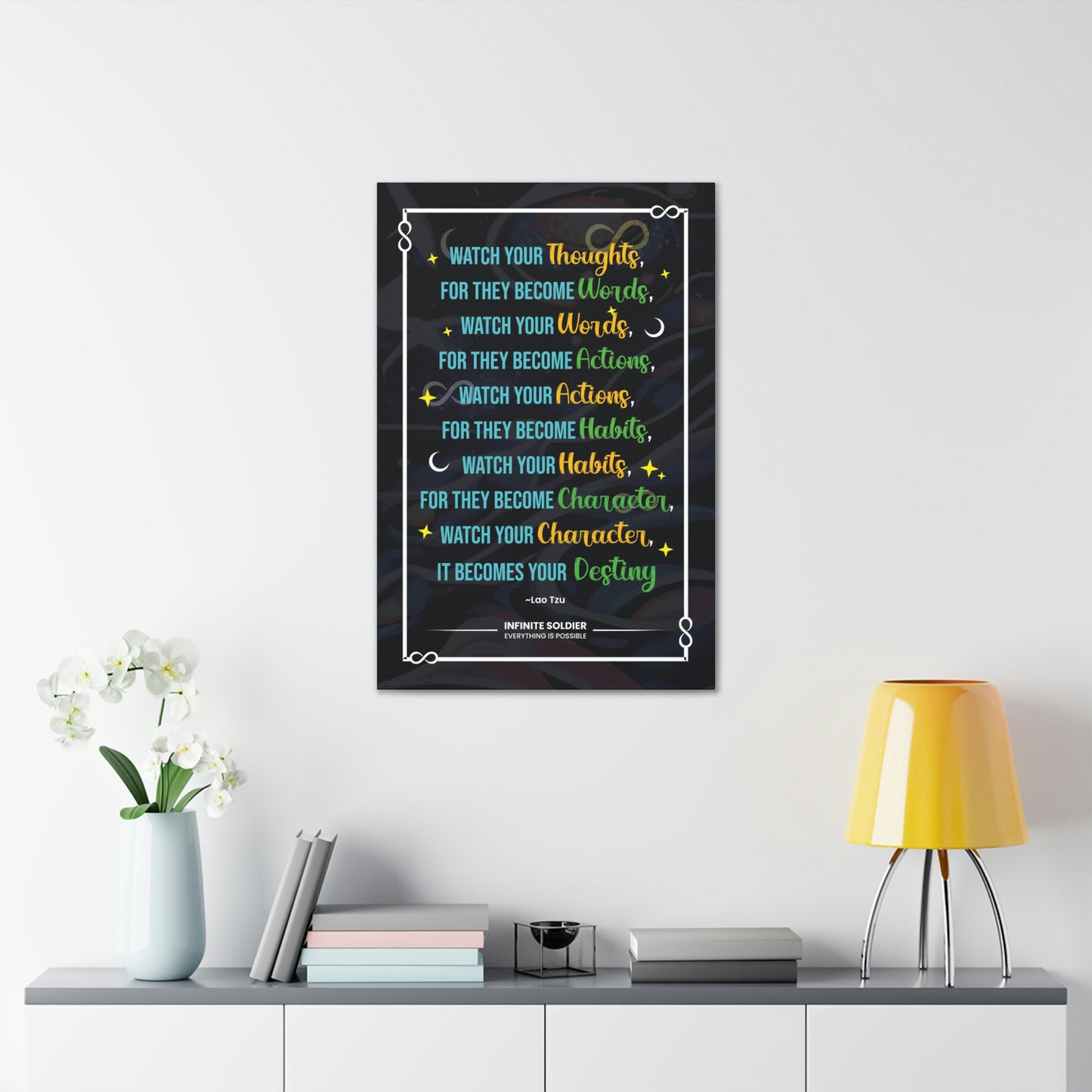 Inspirational Lao Tzu Quote on Black Canvas | Infinite Soldier