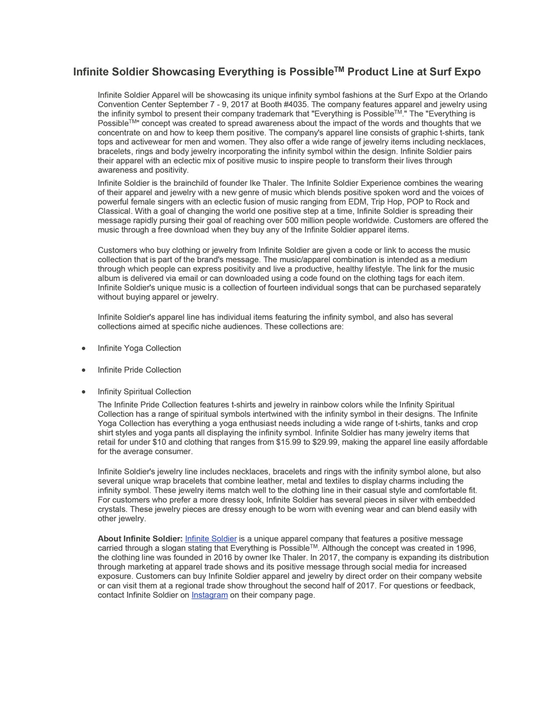 Press Release - Infinite Soldier will be at the Surf Expo in the Orlando Convention Center