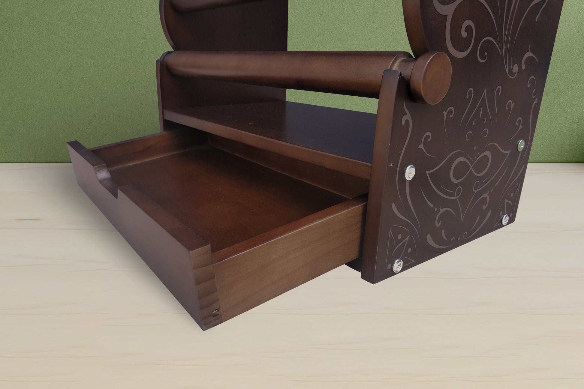 Professional dark wood bracelet organizer with a unique engraved side panel design and removable rods

