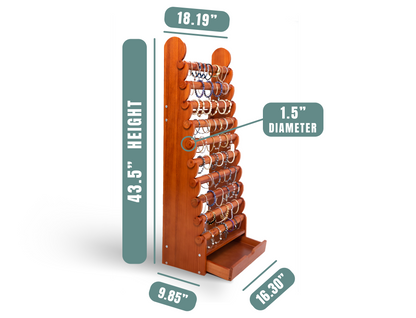 Space-saving vertical wooden jewelry stand with built-in storage, removable display bars, and free shipping