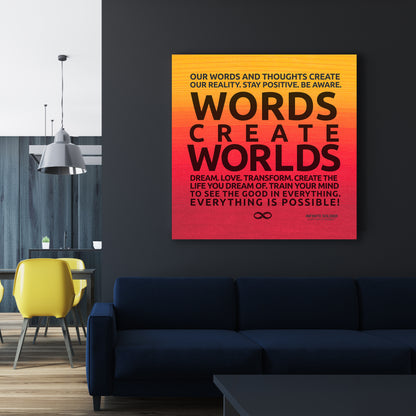 Words Create Worlds' Motivational Poster Canvas Print - Orange