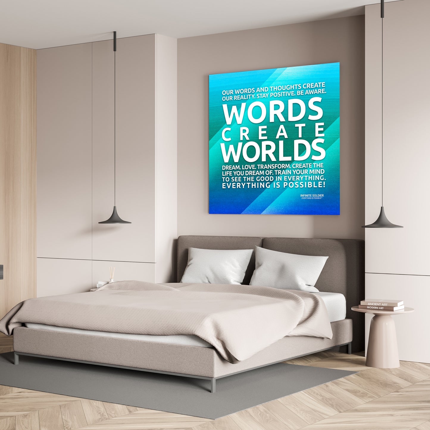 Words Create Worlds Blue Motivational Canvas Poster Wall Art Positive Thinking Positive Quotes
