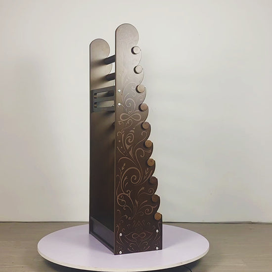 Oversized wooden jewelry stand with detailed side engravings for bracelets, bangles, and watches