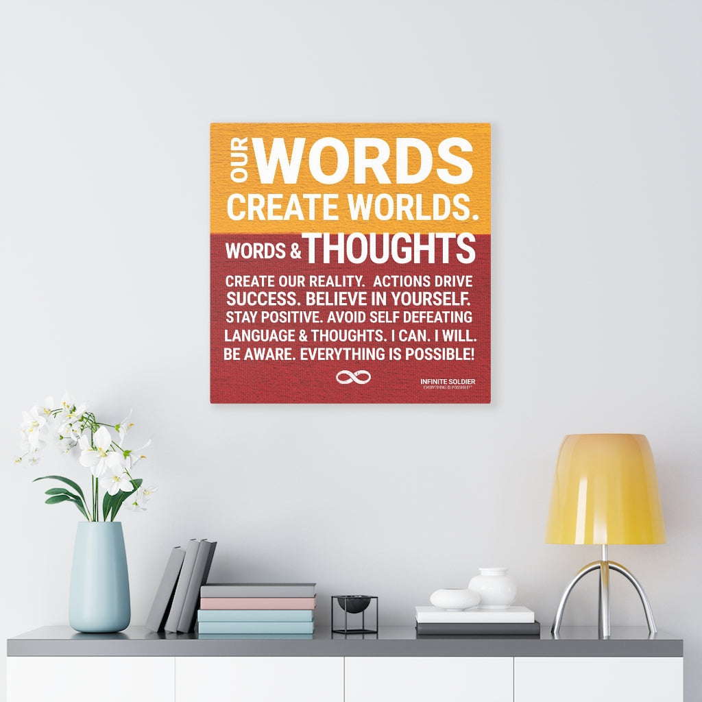 Words Create Worlds' Motivational Canvas Print - Red & Orange Poster