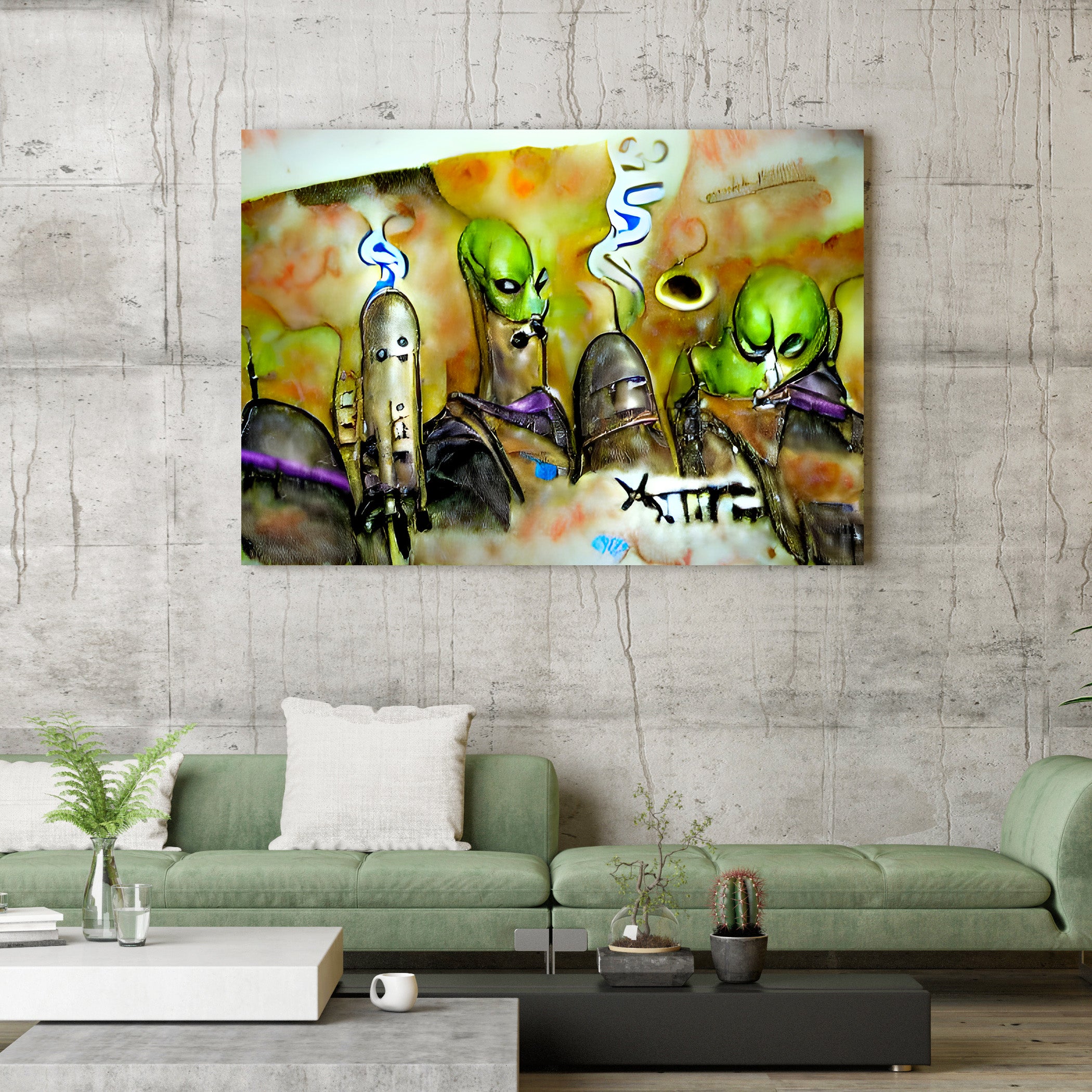 funny aliens smoking a joint on a spaceship action painting futurism charcoal drawing mixed media watercolor