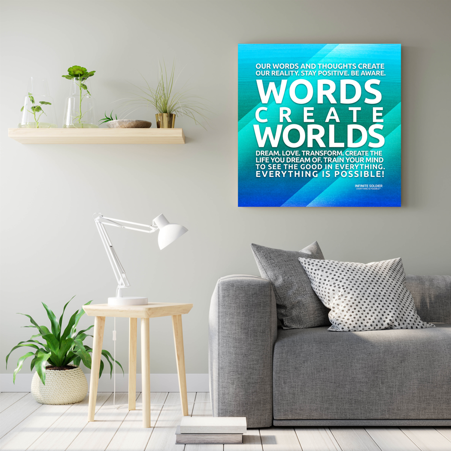 Words Create Worlds Blue Motivational Canvas Poster Wall Art Positive Thinking Positive Quotes