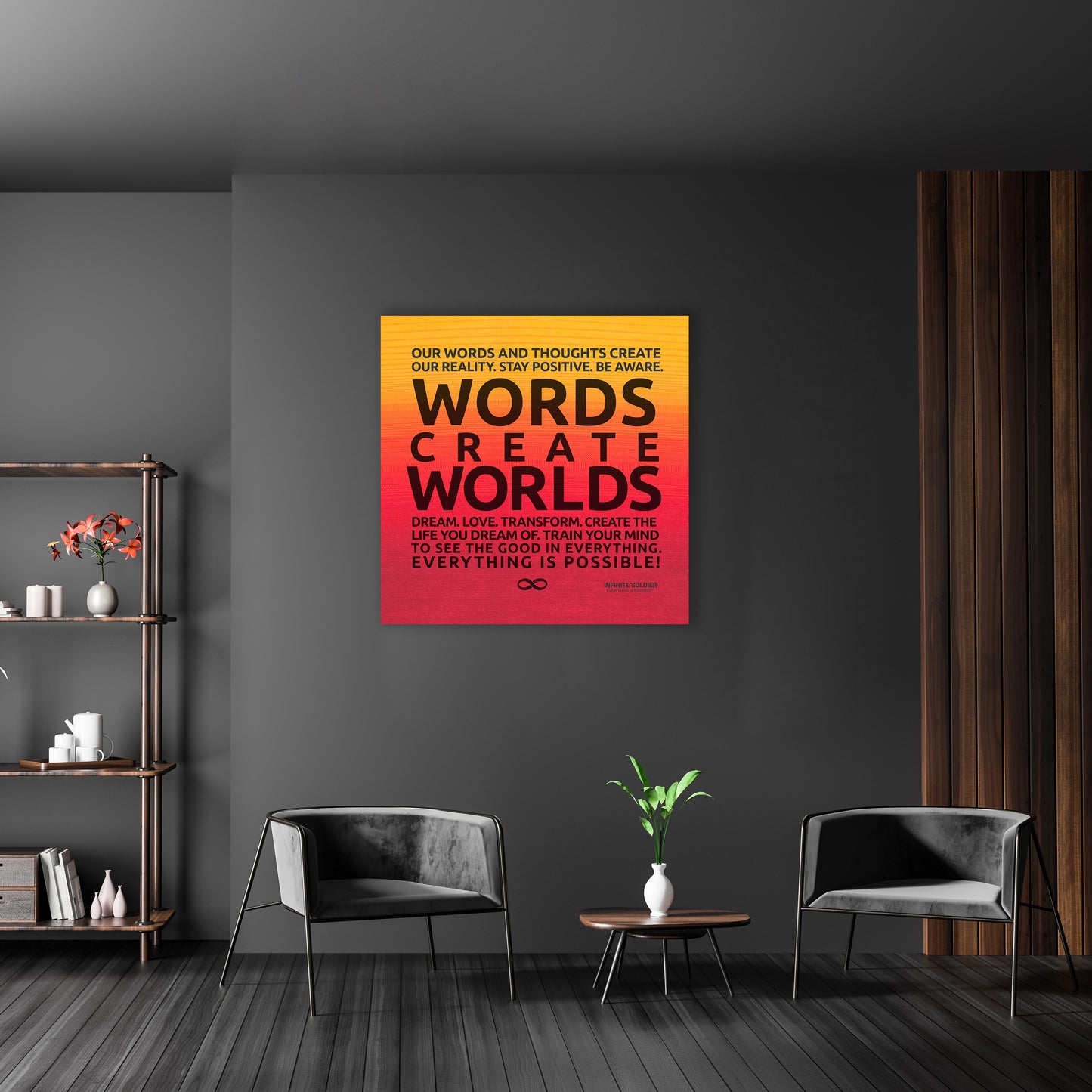 Words Create Worlds' Motivational Poster Canvas Print - Orange