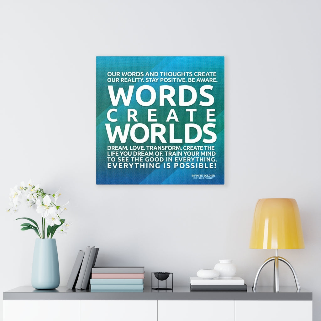 Words Create Worlds Blue Motivational Canvas Poster Wall Art Positive Thinking Positive Quotes