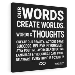 Words Create Worlds' Motivational Mounted Canvas Print - Black
