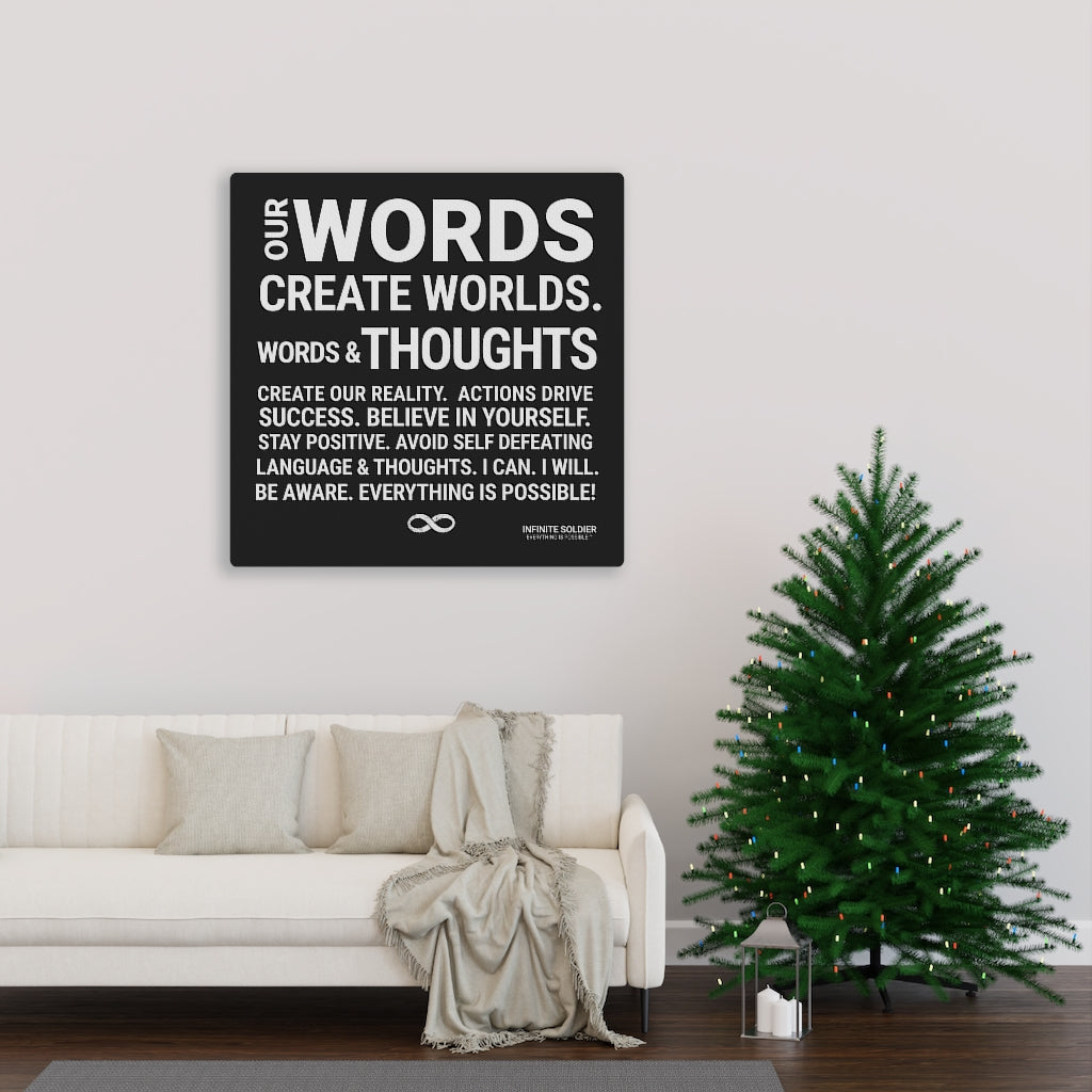 Words Create Worlds' Motivational Mounted Canvas Print - Black