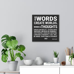 Words Create Worlds' Motivational Mounted Canvas Print - Black