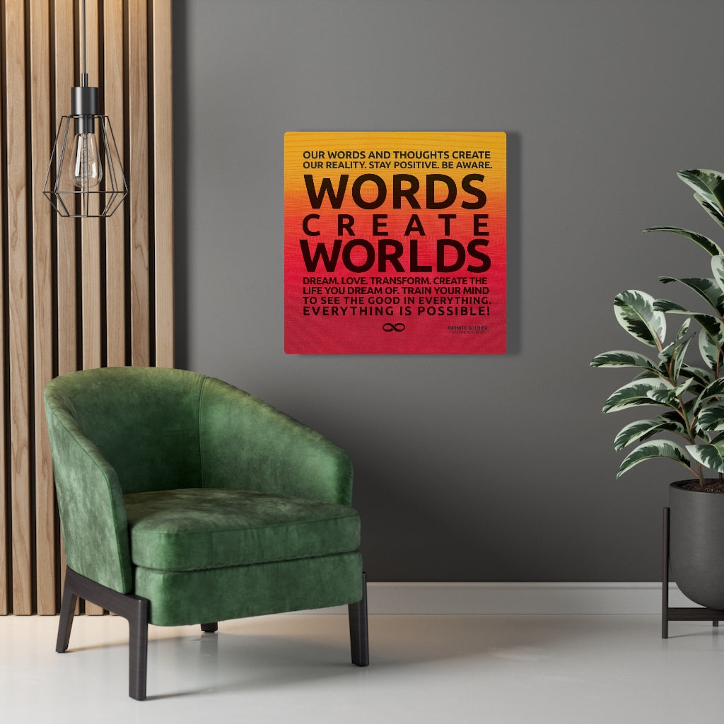 Words Create Worlds' Motivational Poster Canvas Print - Orange