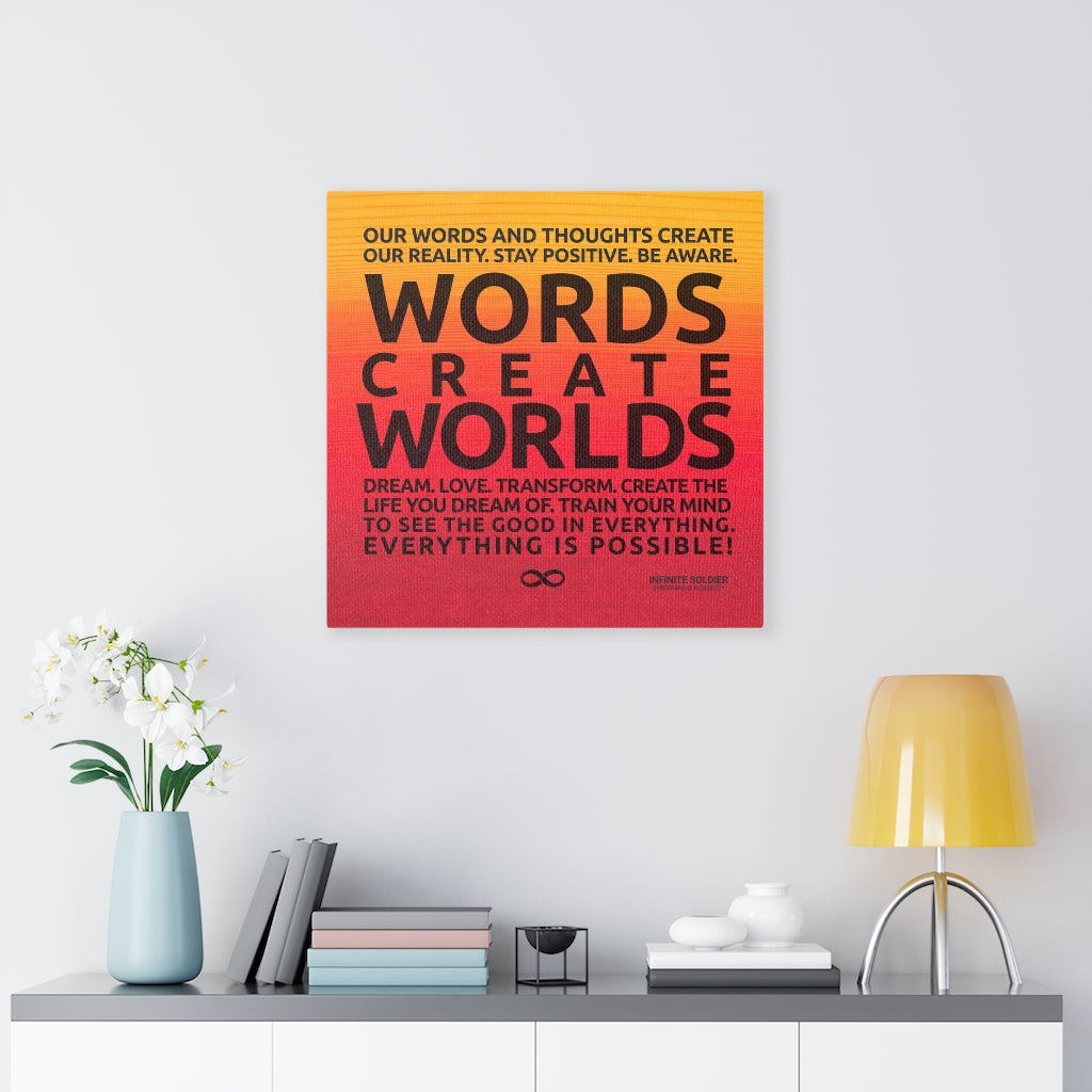 Words Create Worlds' Motivational Poster Canvas Print - Orange