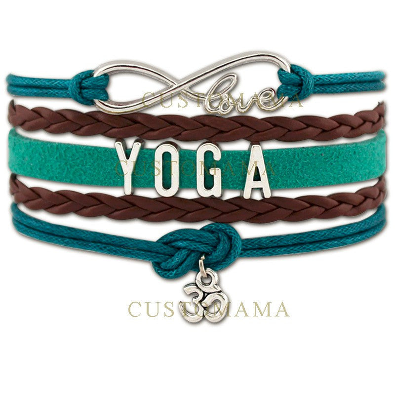 Teal & Brown Leather & Wax Cord Infinite Love Yoga OM Charm Bracelet