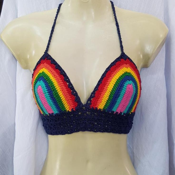 handmade summer rainbow bikini crochet halter top