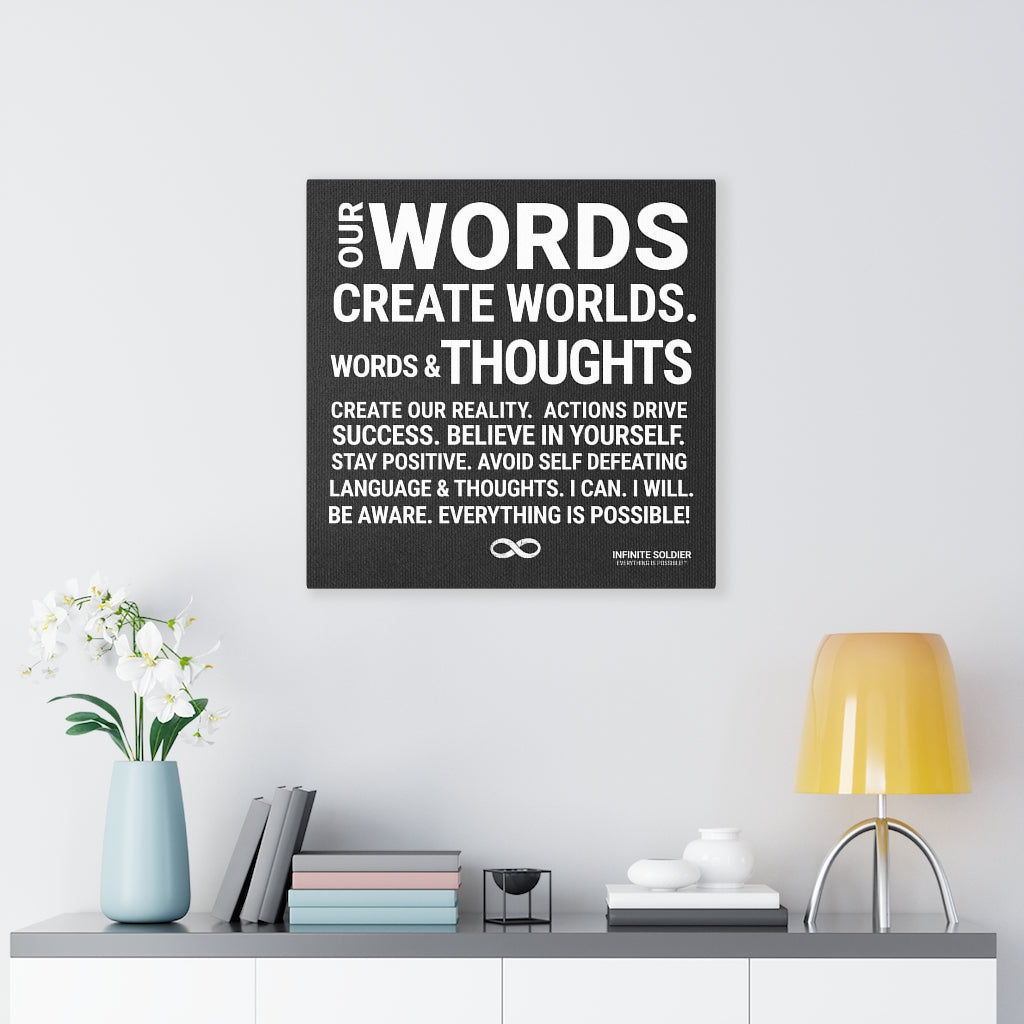 Words Create Worlds' Motivational Mounted Canvas Print - Black
