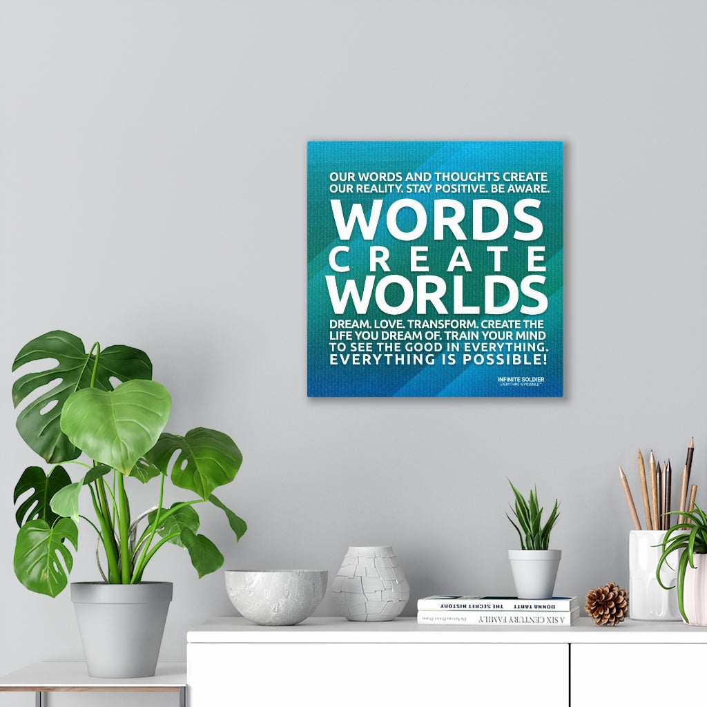 Words Create Worlds Blue Motivational Canvas Poster Wall Art Positive Thinking Positive Quotes