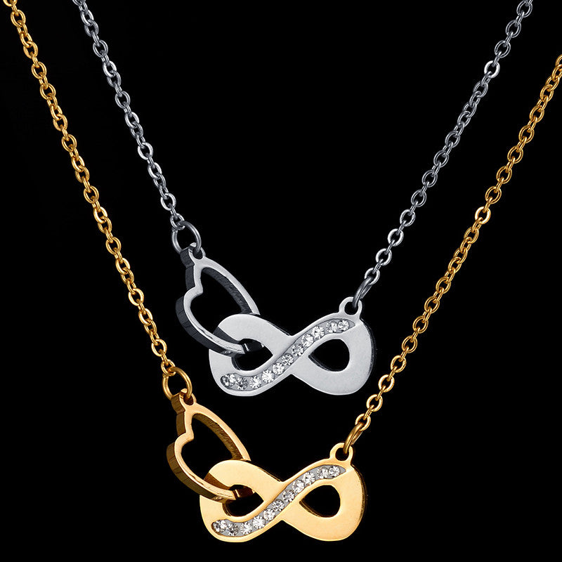 Never Fade Infinity Symbol Heart Gold Steel Rose Gold Pendant Necklace with Rhinestones Casual and Formal Women