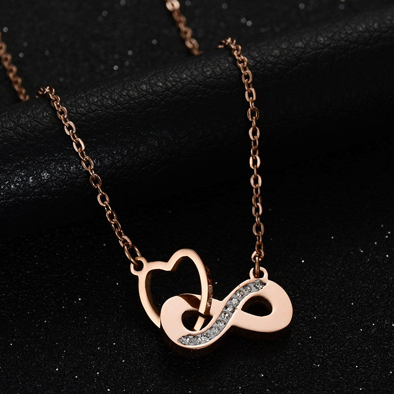 Never Fade Infinity Symbol Heart Gold Steel Rose Gold Pendant Necklace with Rhinestones Casual and Formal Women