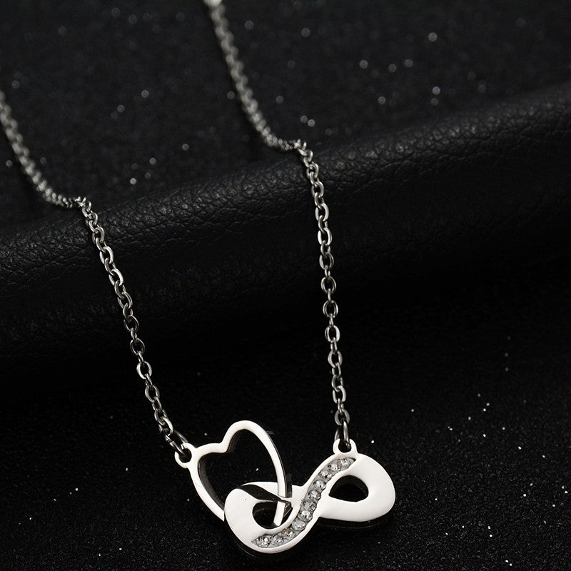 Never Fade Infinity Symbol Heart Gold Steel Rose Gold Pendant Necklace with Rhinestones Casual and Formal Women